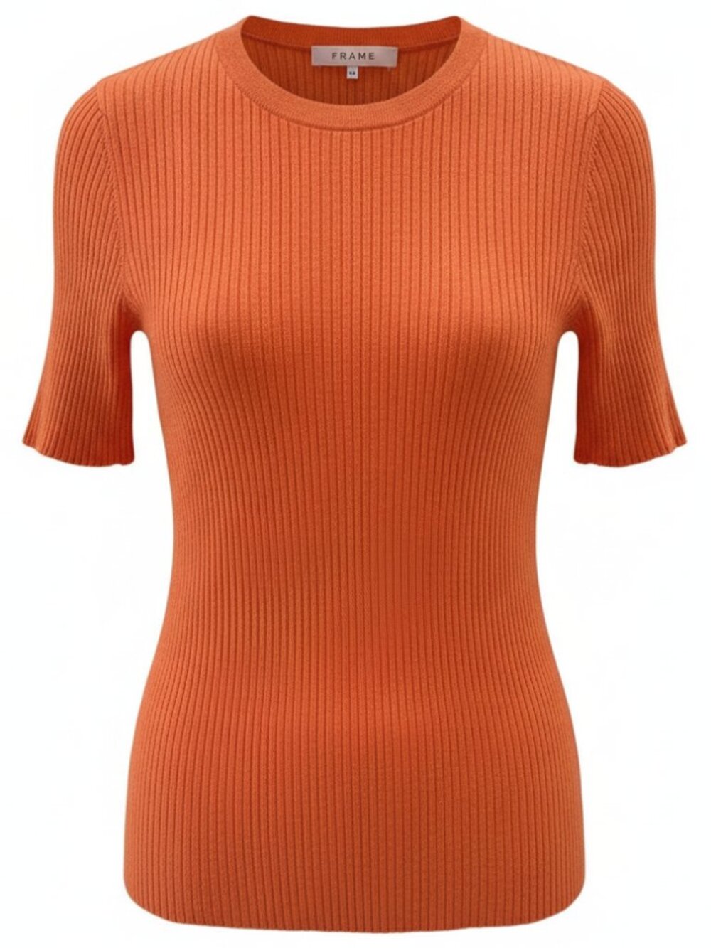 FRAME Persimmon Orange Ribbed Knit Short Sleeve Crew Neck Sweater Top S